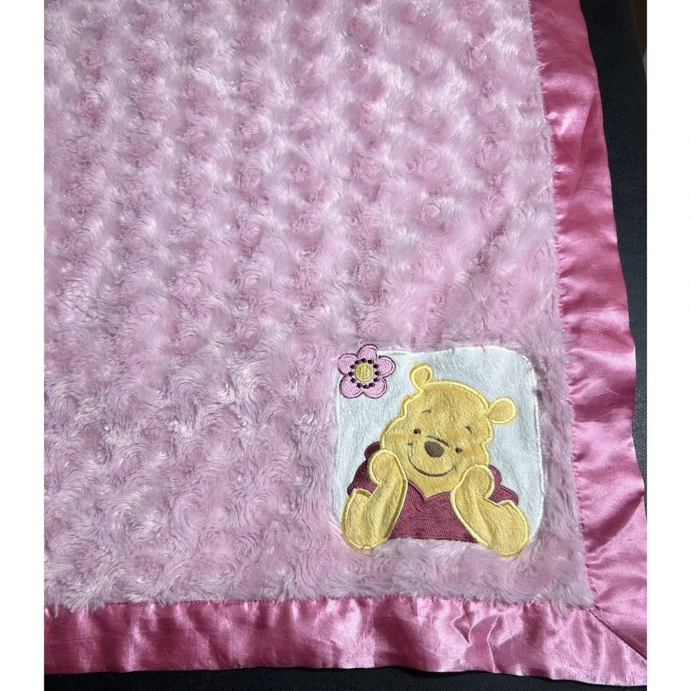 Disney Winnie the Pooh Baby Blanket Pink Satin Trim Rosebud Swirl 30x40 Cozy